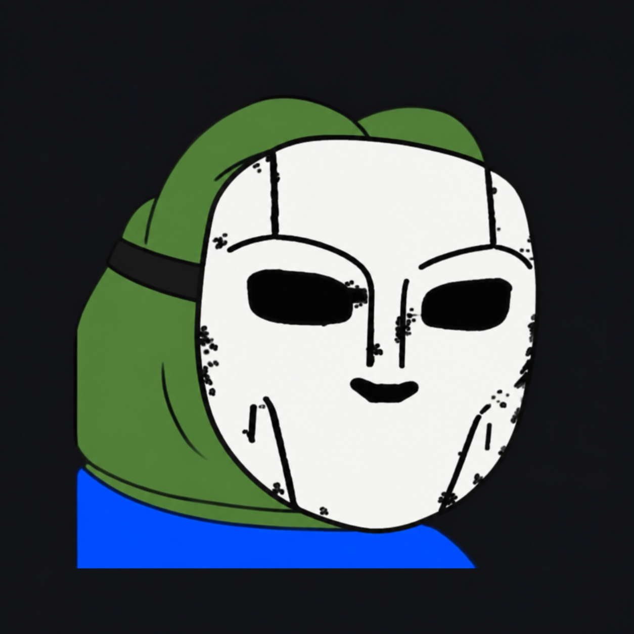 MUSKPEPE, a green frog in a scratched white mask and blue shirt